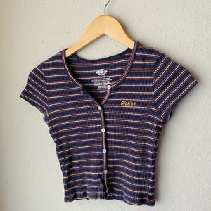 Dickies Logo Stripe Button Up Short Sleeve Crop Top Skater Indie Baby Tee Sz S